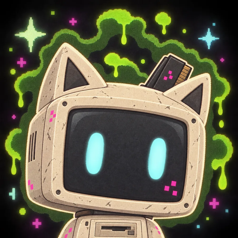 Cache Cat with glowing green memory clouds